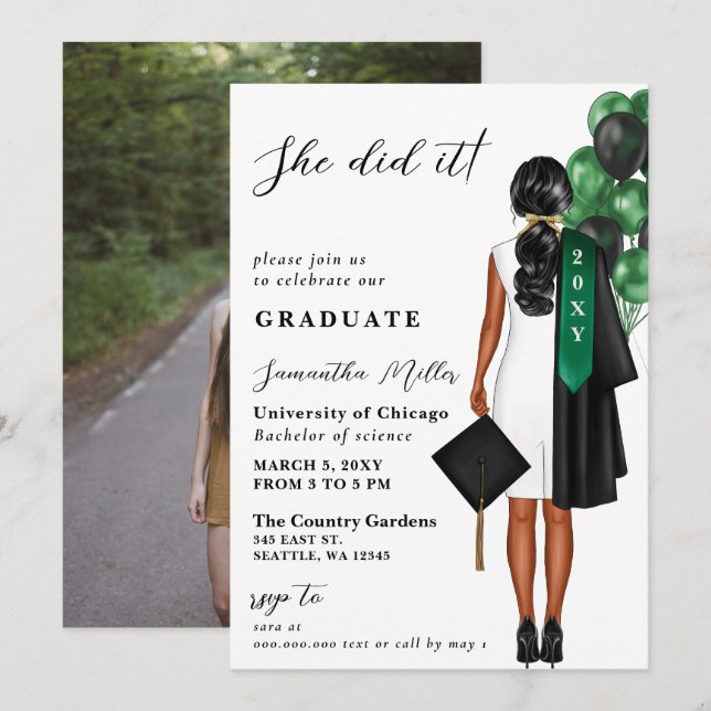 Modern Green Photo She Did It Graduation Invitation (Front/Back)