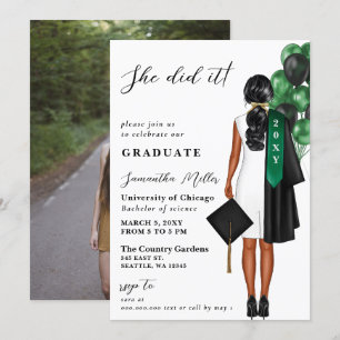 Modern Green Photo She Did It Graduation Invitation