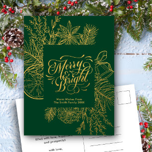 Modern Green Pine Bough Floral Elegant Script  Holiday Postcard