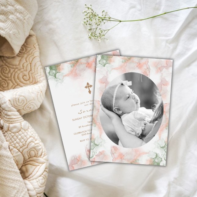 Modern Green Pink Agate Photo Gold Cross Baptism  Invitation (Modern Green Pink Agate Photo Gold Cross Baptism Invitation)