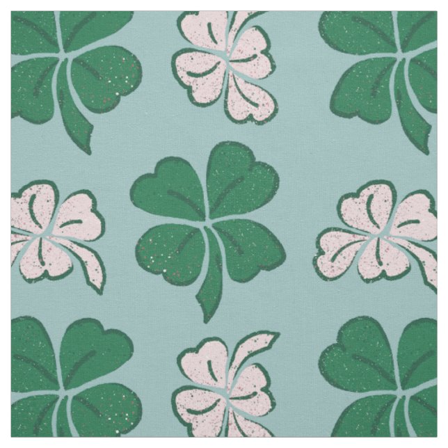 Modern Green Pink Clover Shamrock Drawing Pattern Fabric (Swatch)