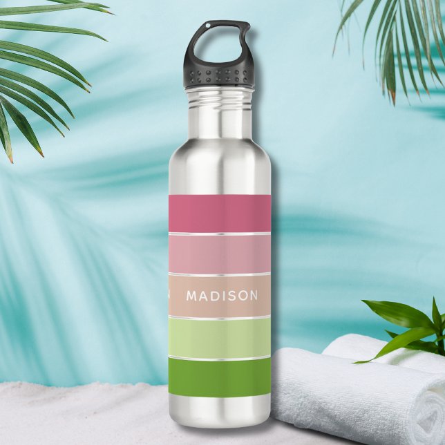 Modern Green Pink Colour Block Personalized Name 710 Ml Water Bottle (Creator Uploaded)