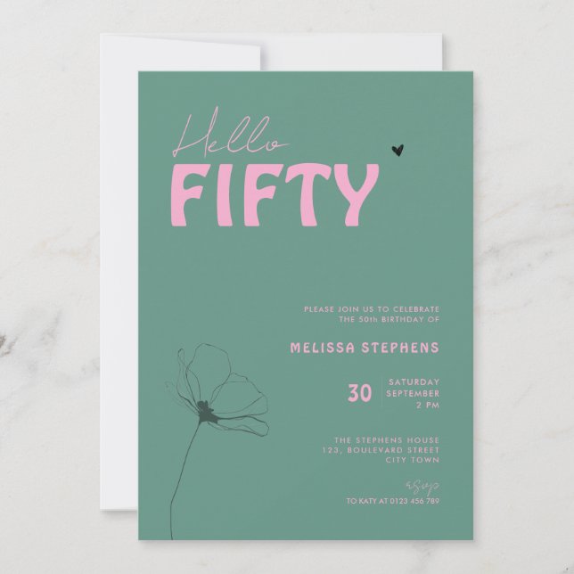 Modern Green Pink Hello Fifty Typo 50th Birthday Invitation (Front)