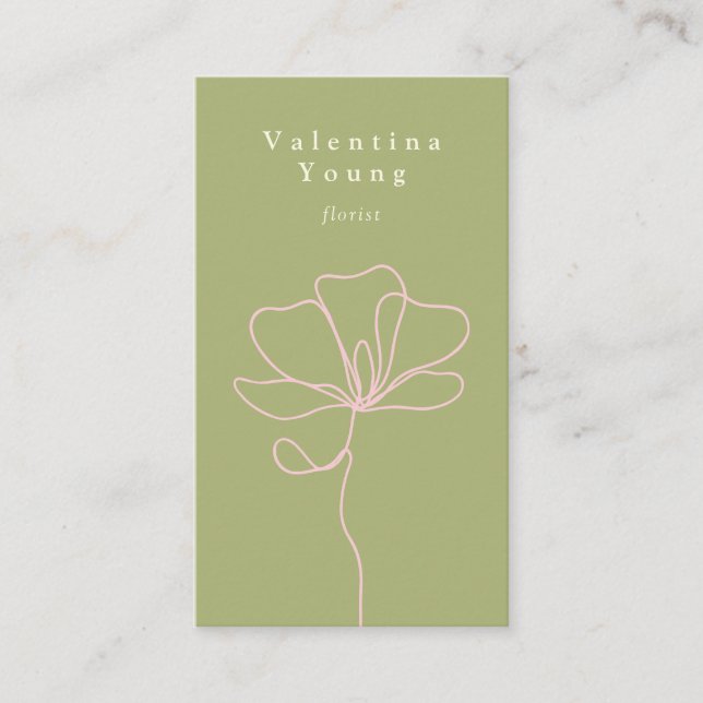 Modern green pink line art floral drawing elegant business card (Front)