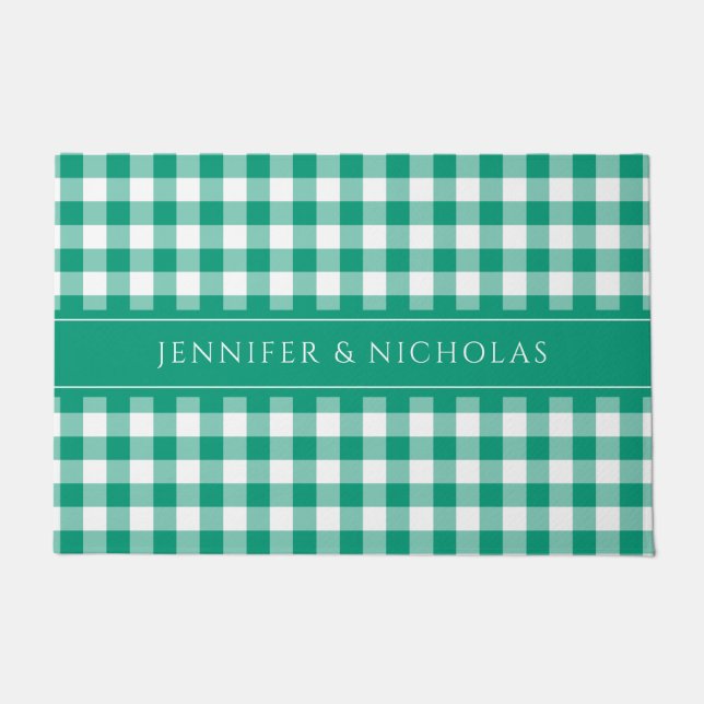 Modern Green Plaid Gingham Name Doormat (Front)