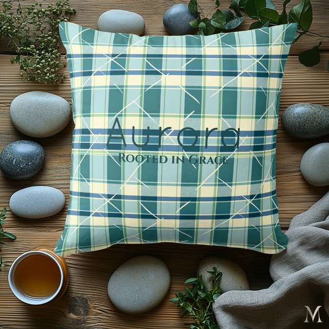 Modern Green Plaid Pattern with Geometric Line Throw Pillow (Creator Uploaded)