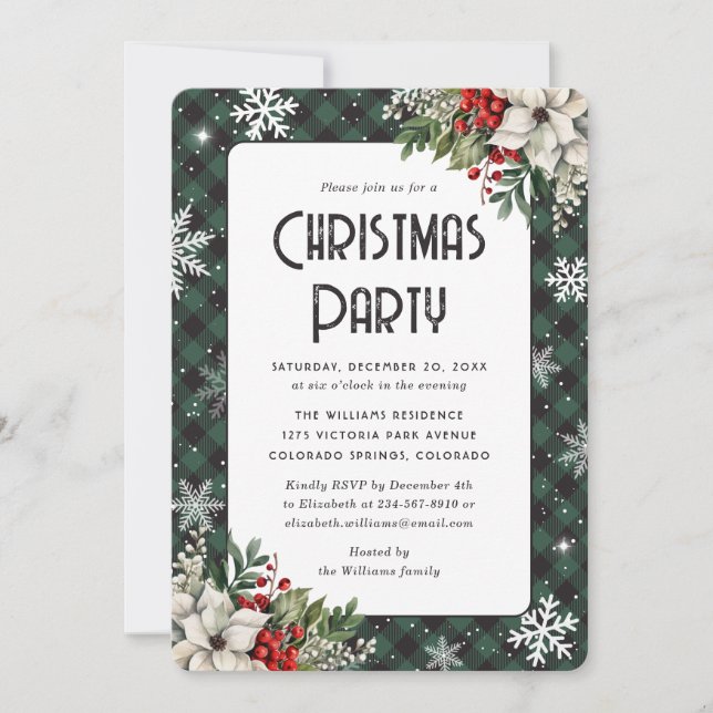 Modern Green Plaid Snowflake Christmas Party Invitation (Front)