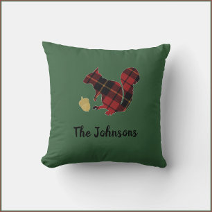 Modern Green Plaid Squirrel and Acorn Throw Pillow