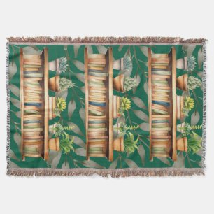 Modern Green Plant Shelf Reading Books Throw Blanket
