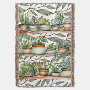 Modern Green Plant Shelf Reading Throw Blanket