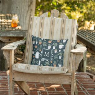 Modern Green Plants and Coffee Mugs Monogrammed Outdoor Pillow