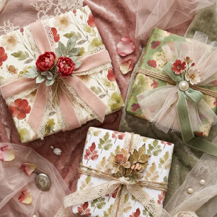 Modern Green Red Botanical Floral Watercolor TMF26 Wrapping Paper Sheet