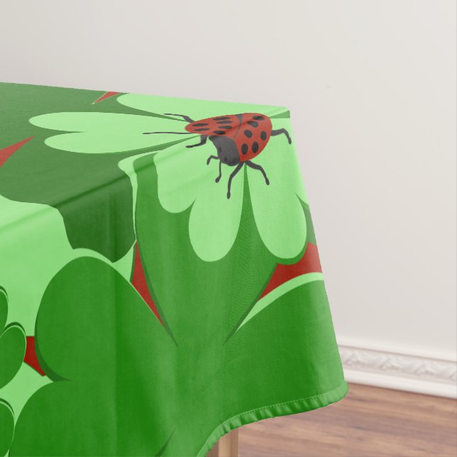 Modern Green, Red Ladybug Insect & Clover Leaves Tablecloth (In Situ)