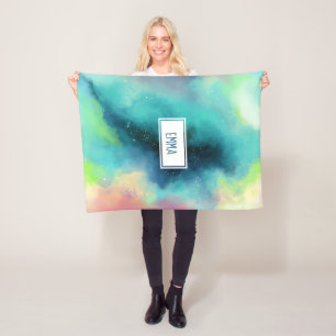 Modern Green & Red Space Nebula Watercolor Fleece Blanket