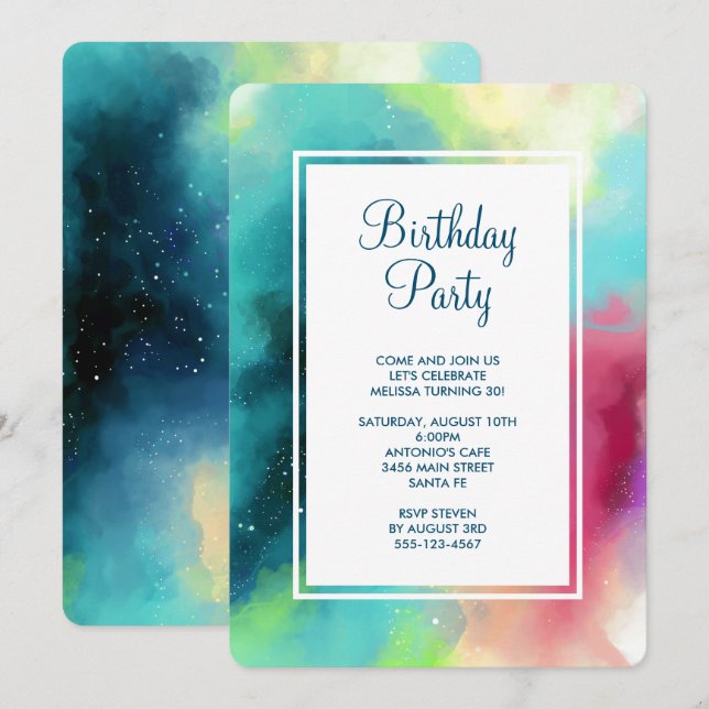 Modern Green & Red Space Nebula Watercolor Invitation (Front/Back)