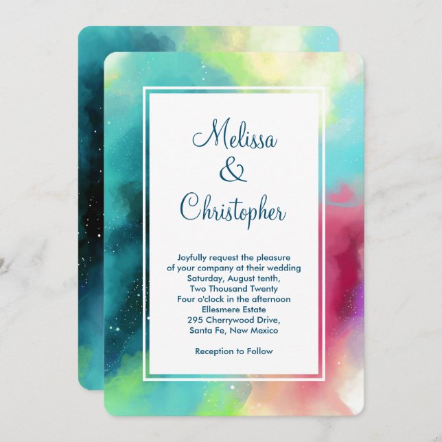 Modern Green & Red Space Nebula Watercolor Invitation (Front/Back)