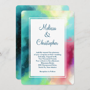 Modern Green & Red Space Nebula Watercolor Invitation