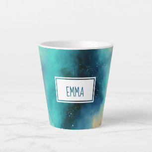 Modern Green & Red Space Nebula Watercolor Latte Mug