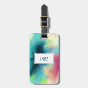 Modern Green & Red Space Nebula Watercolor Luggage Tag