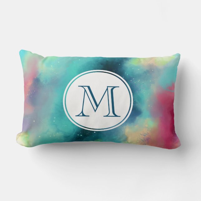 Modern Green & Red Space Nebula Watercolor Lumbar Pillow (Front)