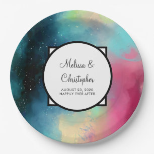 Modern Green & Red Space Nebula Watercolor Paper Plate