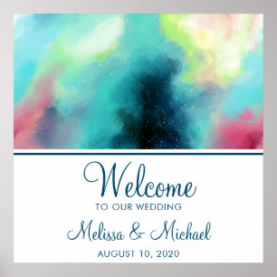 Modern Green & Red Space Nebula Watercolor Poster