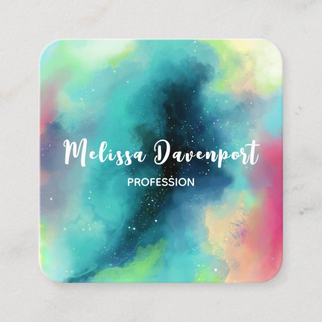 Modern Green & Red Space Nebula Watercolor Square Business Card (Front)