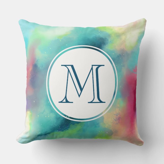 Modern Green & Red Space Nebula Watercolor Throw Pillow (Front)