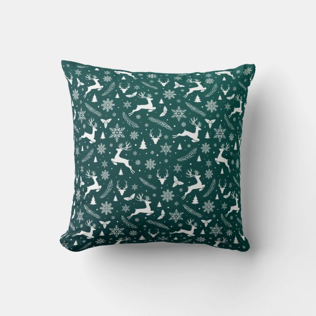 Modern Green Reindeer Pattern Merry Christmas Throw Pillow (Front)