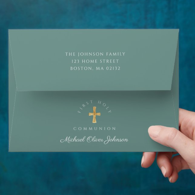 Modern Green Religious Cross Boy First Communion Envelope (Hand)