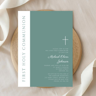 Modern Green Religious Cross Boy First Communion Invitation