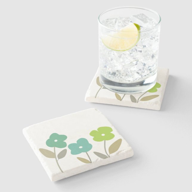 Modern Green Retro Spring Floral Blooms  Stone Coaster (Side)