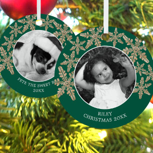 Modern Green Rustic Snowflake 2 Photo Chic Holiday Metal Ornament