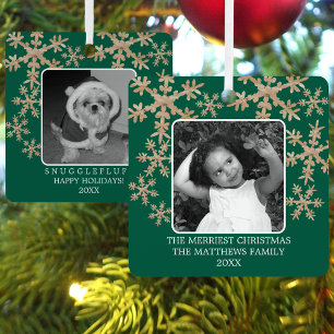 Modern Green Rustic Snowflake 2 Photo Cute Holiday Metal Ornament