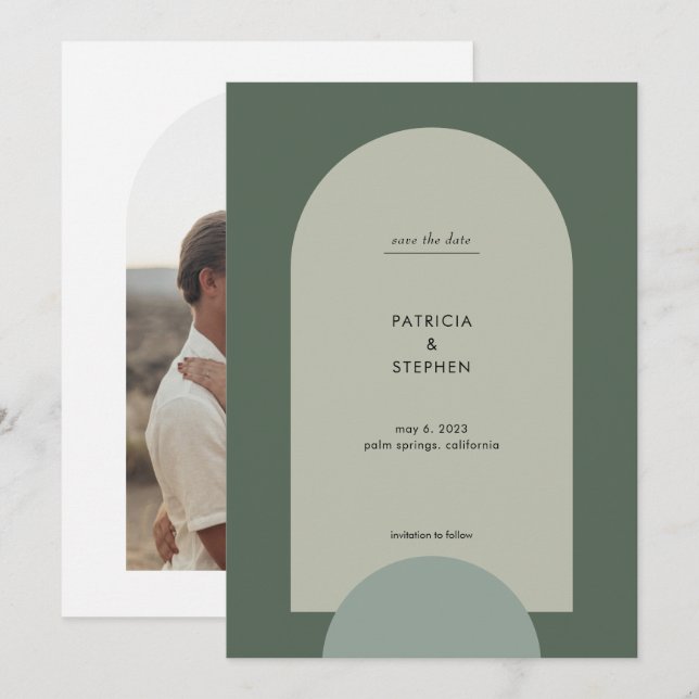 Modern Green Sage Boho Arch Photo Wedding Save The Date (Front/Back)