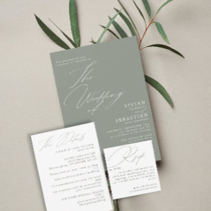 Modern Green Sage White Wedding Invitation