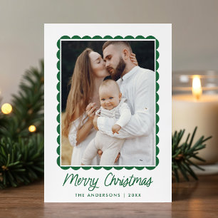 Modern Green Scalloped Frame 2 Photo Holiday Card