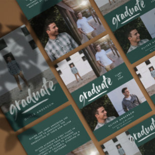 Modern green script 4 photo stylish graduation invitation