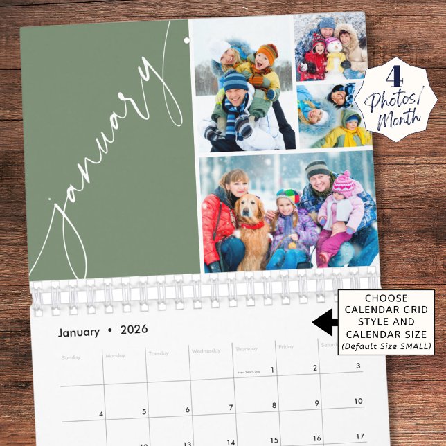 Modern Green Script 4 Photos Per Month Calendar (Creator Uploaded)