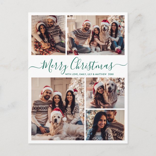 Modern Green Script 5 Photo Collage Christmas  Postcard (Front)