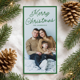 Modern Green Script Merry Christmas Tall Photo Holiday Card