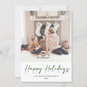 Modern Green Script Photo Minimalist Christmas Holiday Card