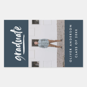 Modern green script photo navy blue graduation sticker