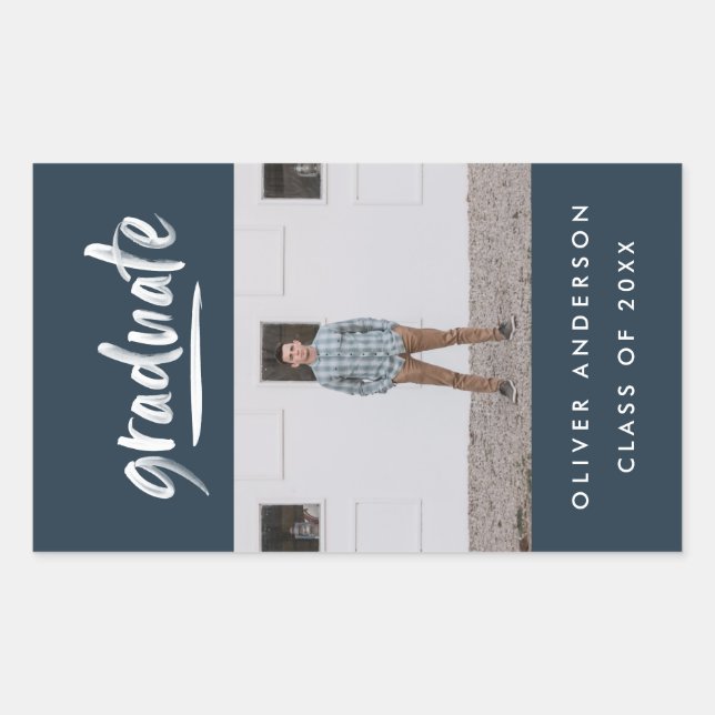 Modern green script photo navy blue graduation sticker (Front)