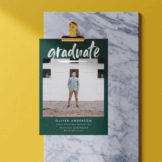 Modern green script photo stylish graduation invitation (Creator Uploaded)