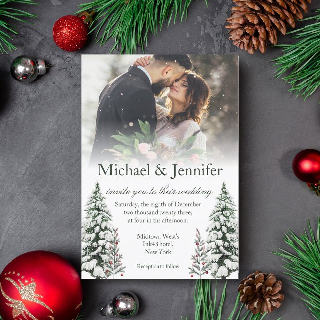 modern green script winter wedding photo invitation (Creator Uploaded)