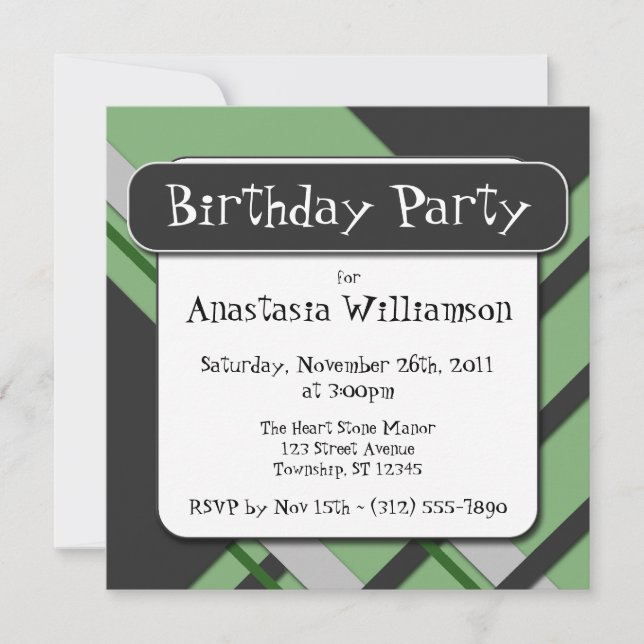 Modern Green Semi-Plaid Birthday Invitation (Front)