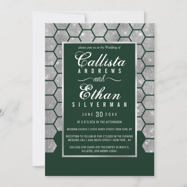 Modern Green Silver Glitter Hexagon Geo Wedding Invitation (Front)
