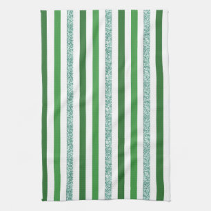 Modern Green & Silver Glitter Stripes Kitchen Towel