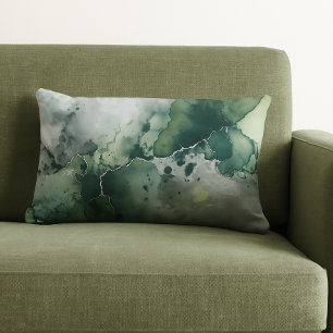 Modern Green Silver Grey Watercolor Lumbar Pillow